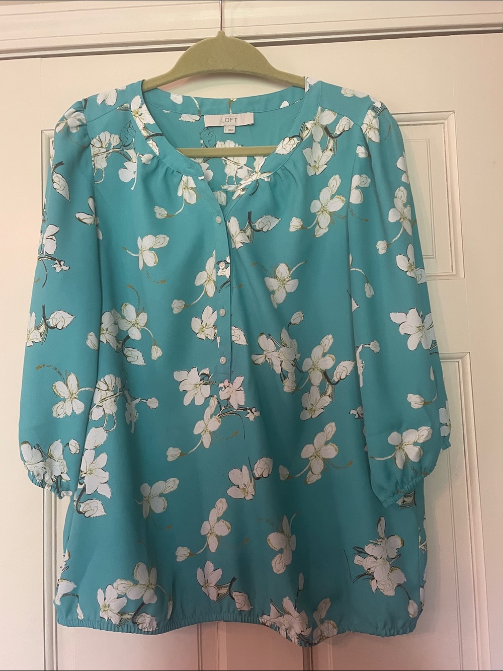 LOFT Turquoise Floral Button-Front Blouse—Size Large